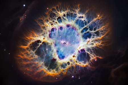 Illustration of a planet spinning, into a black hole seemingly ejected from its home galaxy and racing through space with a chain of stars trailing in its wakeの素材