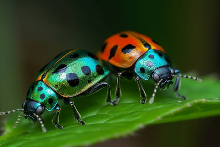 Two lady bug beetles interacting with each otherの素材