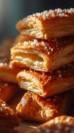 Golden puff pastry in a tall stack under soft lightingの素材