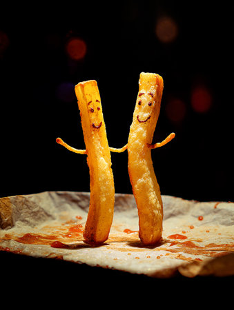Smiling fries mid-groove in a warm fast food settingの素材