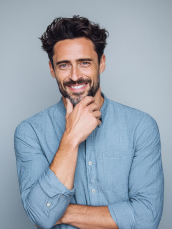 Handsome man with groomed hair posing casually in a clean studio portrait.の素材