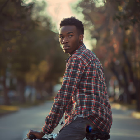 Confident portrait of a young man cycling casually on a paved road, with soft lighting and trees in the background.の素材