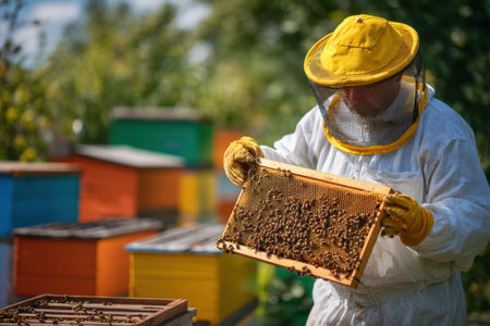 Nature and agriculture meet in this vivid image of beekeeping and sustainable practices.の素材