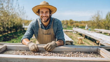Rustic outdoor portrait of a young man working on a sunny farm, dressed in gloves and overalls.の素材