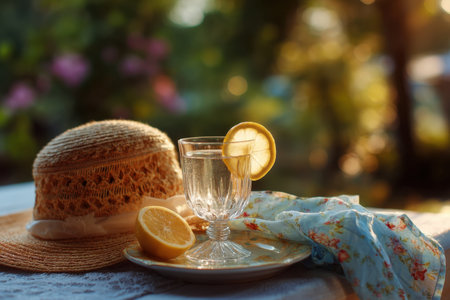 Refreshing outdoor table setup with lemonade, citrus fruit, and soft focus garden light, evoking a carefree summer day.の素材