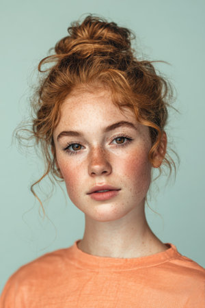 Studio photograph of a freckled girl in an orange top against a pale blue background.の素材