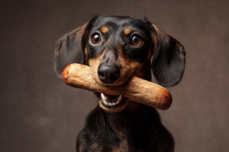 Funny sausage dog with wide eyes poses with a baguette treat in its mouthの素材