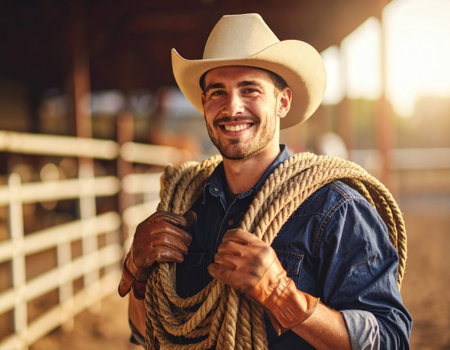 Confident man in western gear with leather gloves and hat, posing with a friendly grin near horse stables.の素材