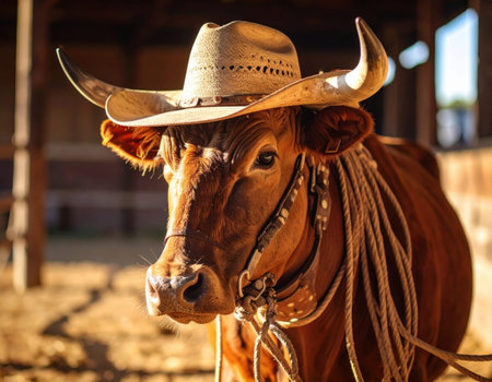 This portrait-style photo combines rustic humor and traditional rodeo imagery.の素材
