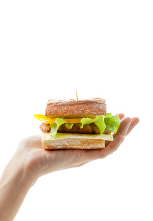 Hand holding a chicken sandwich Homemade baquette sandwichの写真素材