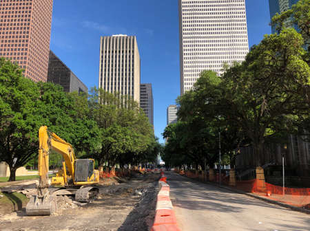 Downtown Houston Tx USA March 27, 2020 A street in Downtown Houston halfway under construction but no work being done because of the Coronavirus outbreak and people ordered to stay homeのeditorial素材