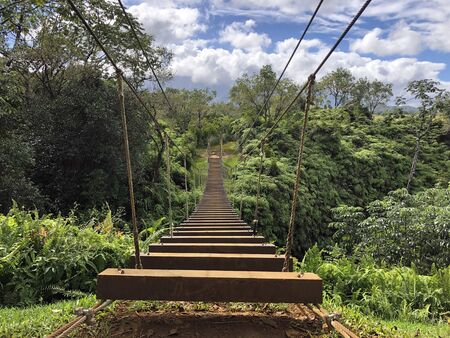 An old wooden bridge crossing over the valley in Hawaiiの写真素材