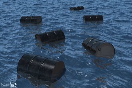 A group of Oil barrels floating in the ocean.の写真素材