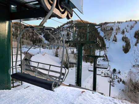 Empty ski lift March 30, 2021 Stein Eriksen Lodge resort in Deer Valley, Utah.のeditorial素材