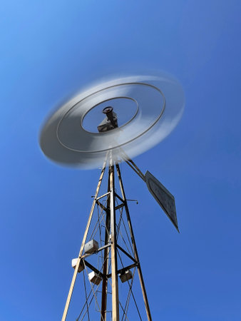 Looking up at a spinning windmill using a long exposure.の写真素材