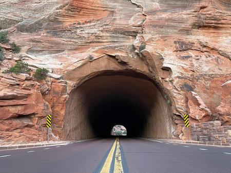 Tunnel Entrance carved into a mountainside in Zion National Parkの写真素材