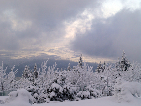 Beautiful winter landscape with cloudy skyの写真素材