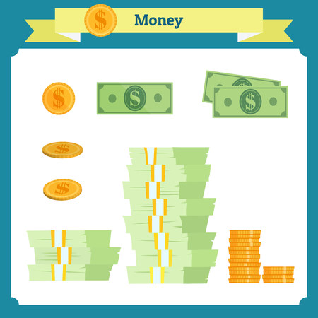 American paper, business, finance, money, concept. Banking edition banknotes, bills isolated on white. Dollar US, wealth finance sign. Golden coins. icon for apps, websitesのイラスト素材