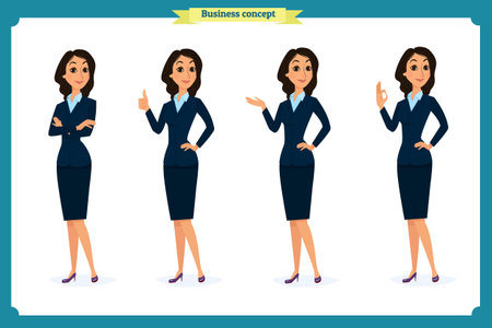 Set of elegant business women in formal clothes. Base wardrobe, feminine corporate dress code. Woman in office clothes. Different poses, emotions, gestures, actions. Illustration isolated in cartoon style.のイラスト素材