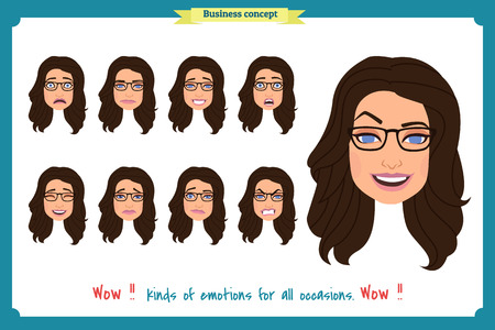 Set of woman expression isolated.Young housewife emotion portraits.Isolated on white.Cute blonde emotional female head illustration. vector face girl, angry, cry, sad, smiling.Businesswoman characterのイラスト素材