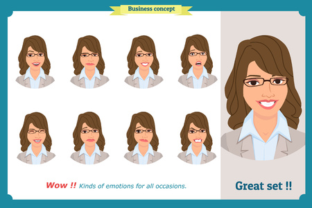 Set of woman expression isolated. Young housewife emotion portraits. Isolated on white. Flat design. Cute emotions female head illustration. Vector face girl,angry, sad, smiling. Businesswoman character.のイラスト素材