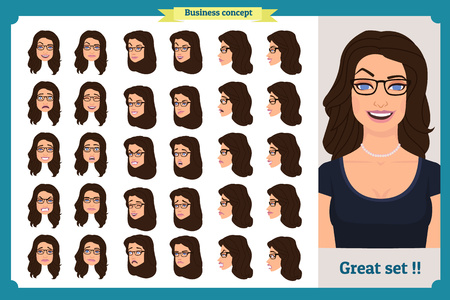 Set of woman's emotions design. Facial expression. Girl Avatar.Front, side, profile view animated character. Vector illustration of a cartoon style.Business girl character creation set. Faceのイラスト素材