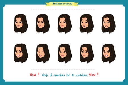 Set of woman expression isolated.Young housewife emotion portraits.Isolated on white.Cute woman emotional female head illustration. vector face girl, sad, smiling.Businesswoman character.Girl Avatarのイラスト素材