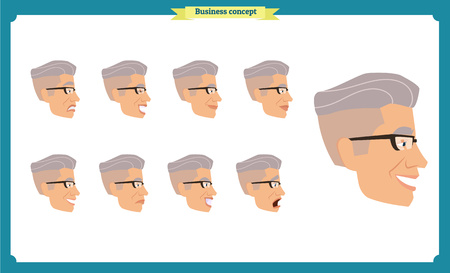 Set of male facial emotions. young man emoji character with different expressions Front, side, back view. Vector illustration isolated.People's faces, person.Male characters.businessman.Joy, laughterのイラスト素材
