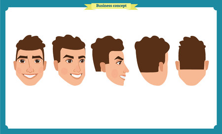 working people, business man avatar icons.Flat design people characters.Business avatars set. Isolated vector on white. Front, side, back.for design, animation.Smiling,のイラスト素材