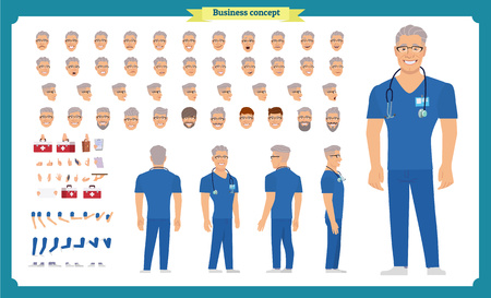 Front, side, back view animated character. Doctor character creation set with various views, face emotions, hairstyles, poses and gestures. Cartoon style, flat vector Isolated on white.Male dentistsのイラスト素材