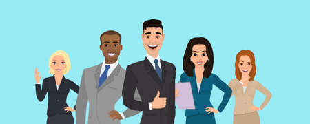 Business team. A group of people dressed in strict suit. Illustration in a flat style. Business teamwork. People character different nationalities.のイラスト素材