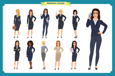 Businesswoman character design  isolated  on white. People character set in various poses different nationalities. flat cartoon. Business woman.のイラスト素材