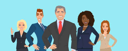 Business team. A group of people dressed in strict suit. Illustration in a flat style. Business teamwork. People character different nationalities.のイラスト素材