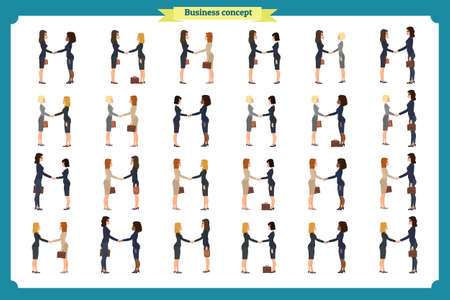 businesswomen handshake. Business people teamwork, set of business women in different poses,profile, front, standing, arms crossed, handshaking, cartoon flat-style vector illustrationのイラスト素材