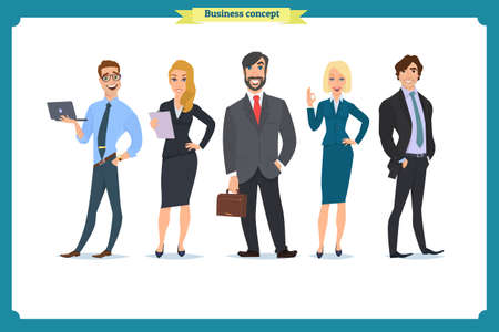Business People teamwork, Vector illustration in a flat style cartoon character. Business team. A group of people dressed in strict suit. Businesswoman character, people consultingのイラスト素材