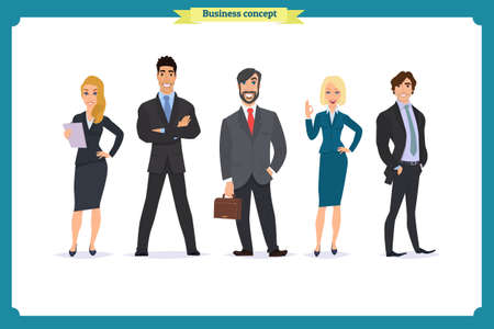 Business People teamwork, Vector illustration in a flat style cartoon character. Business team. A group of people dressed in strict suit. Businesswoman character, people consultingのイラスト素材