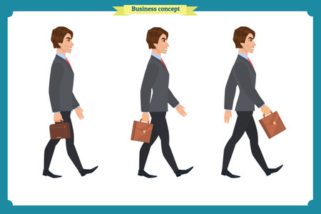 Collection set of Walking and running businessman. Walk, run, active. Variety of movements. Flat Character man cartoon style, Side view,Vector design isolated vector. Business peopleのイラスト素材