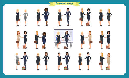 businesswomen handshake. Business people teamwork, set of business women in different poses,profile, front, standing, arms crossed, handshaking, cartoon flat-style vector illustration isolated.のイラスト素材