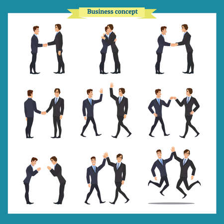 Ready-to-use character set. Businessmen in handshake. Various poses, emotions, greeting, standing, fist bump, giving high five, a bow, a hug. Full length, front, rear view isolated, white backgroundのイラスト素材