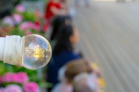 Old fashioned Edison lightbulb are hanged to the wall, blurred backgroundの写真素材