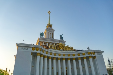 Moscow, Russia, April 30, 2019: VDNH Park main pavilion of all Russian exhibition center, sunny day with full of peopleのeditorial素材
