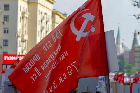 MOSCOW, RUSSIA - MAY 9, 2019: Immortal regiment procession in Victory Day. Thousands of people...
