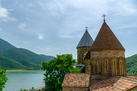 Beautiful autumn panoramic view of Zhinvali reservoir and Ananuri fortress in Georgia country,...