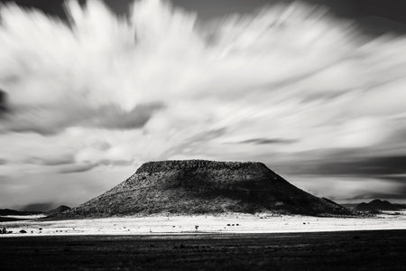 A black and white photo of the landscape