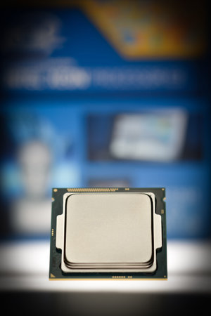 Modern four or eight-core processor on original packaging background