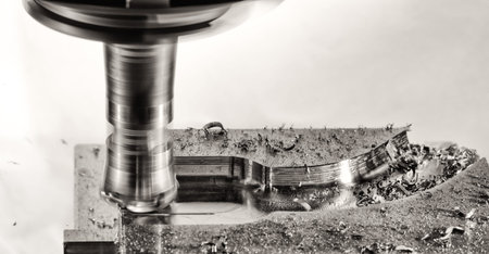 Metal milling cutter work with Splinters flying off, monochrome version