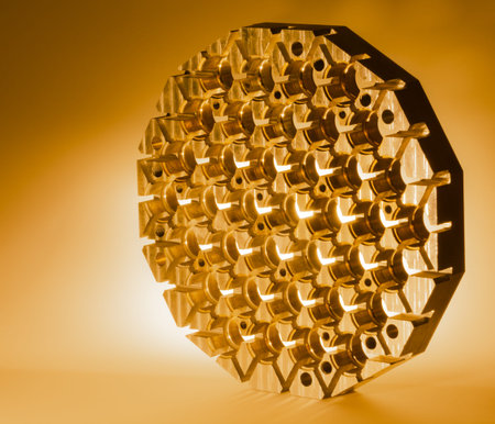 complex metal workpiece with drilling and milling with gold illumination