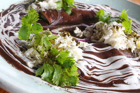 Typical Mexican dish Enfrijoladasの写真素材