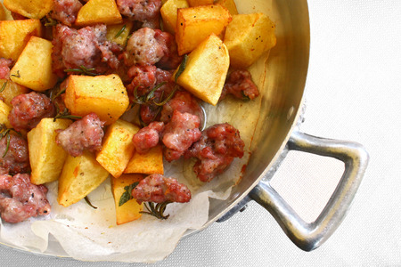 Potatoes and sausages panの写真素材