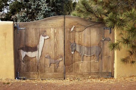 Donkey, Llama, Dog, Cat and a Cockatoo. Farm on a Gate in Santa Fe, New Mexicoの写真素材